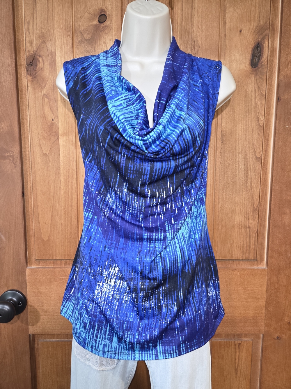 Relativity Blue and Black Cowl Neck Sleeveless Top